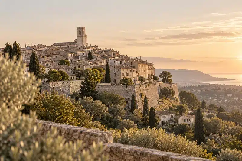 Village de Saint-Paul-de-Vence au coucher du soleil, lieu d'implantation de Sandrine Constant